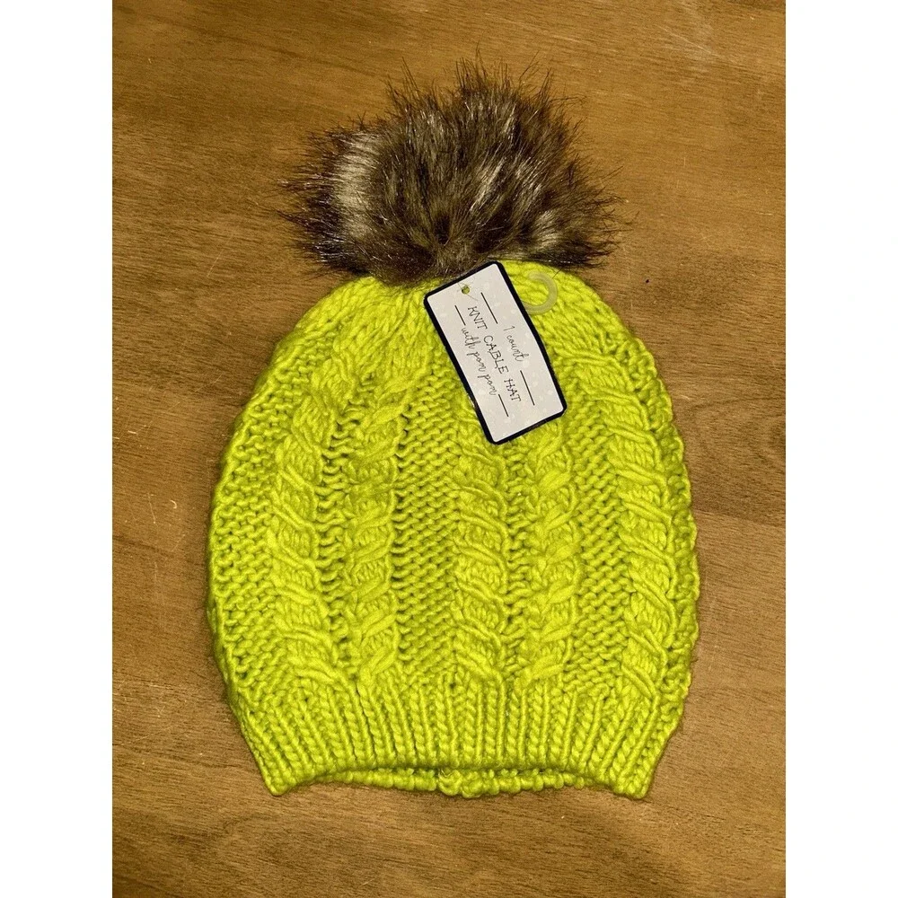 Lime Green Cable-Knit Beanie Hat w/ Faux Fur Pom-Pom and Infinity Scarf OSFM